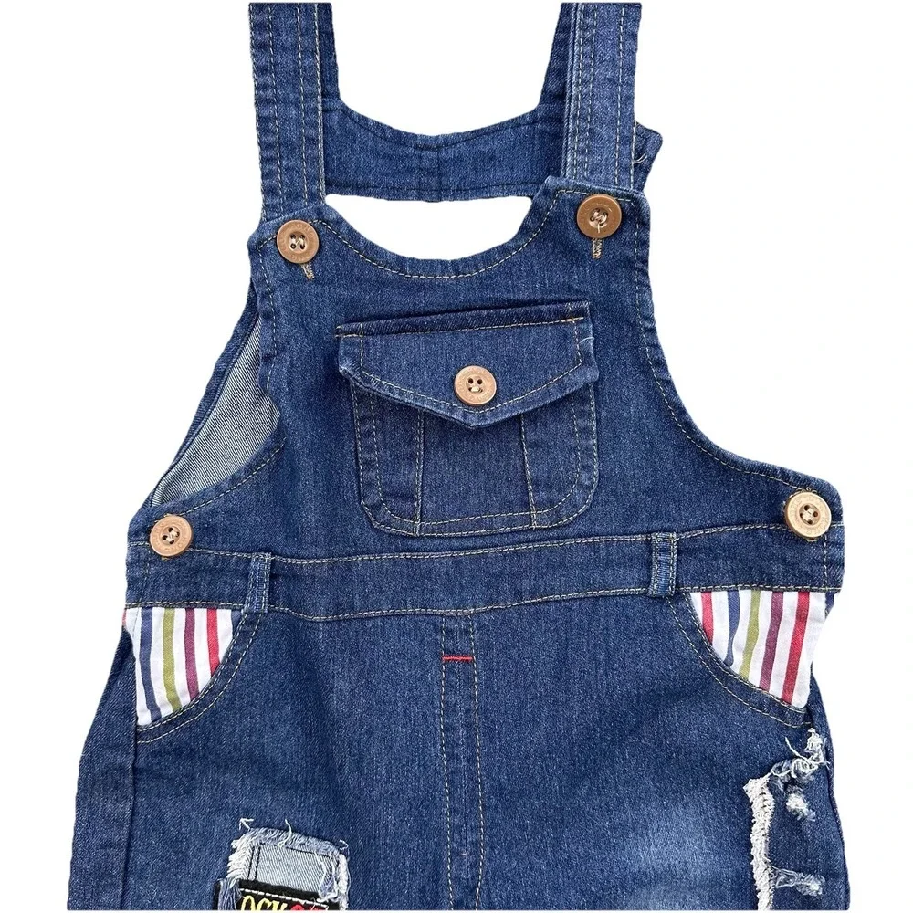 Childs Bib Blue Jean  Overalls Size 2-3Y Embroidered Bear Patches 2 Size Adjusts
